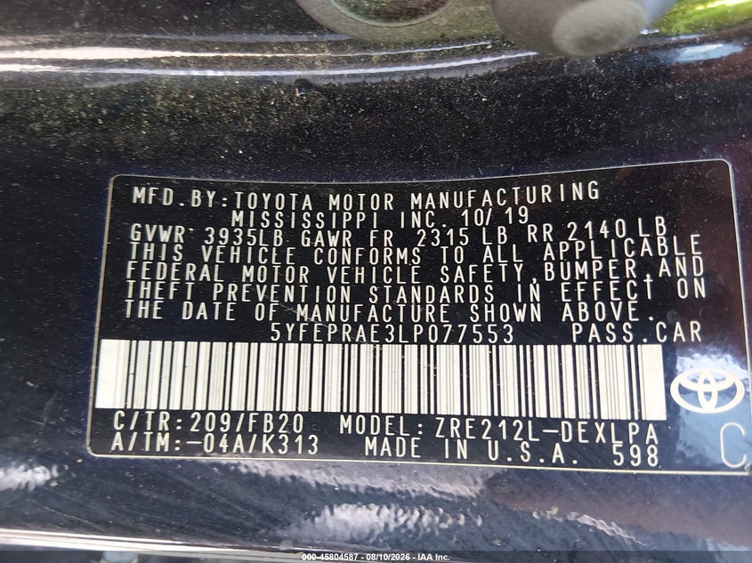 2020 TOYOTA COROLLA SEDAN 1.8L I-4 DOHC, VVT, 139HP