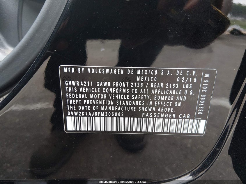 VOLKSWAGEN JETTA 2015 VIN 3VW2K7AJ8FM306062