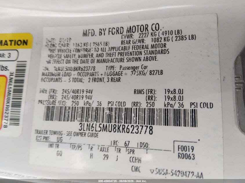 LINCOLN MKZ HYBRID 2019 VIN 3LN6L5MU8KR623778