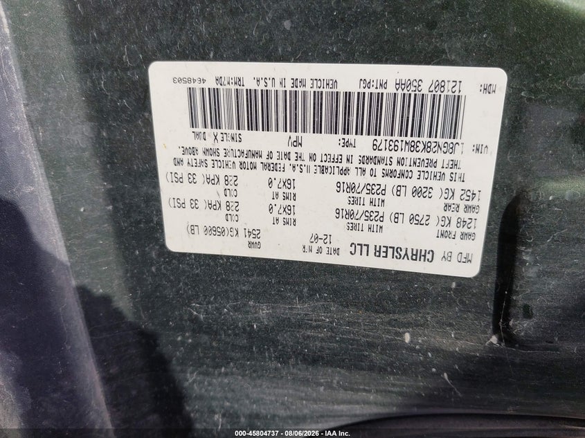 JEEP LIBERTY 2008 VIN 1J8GN28K38W193179