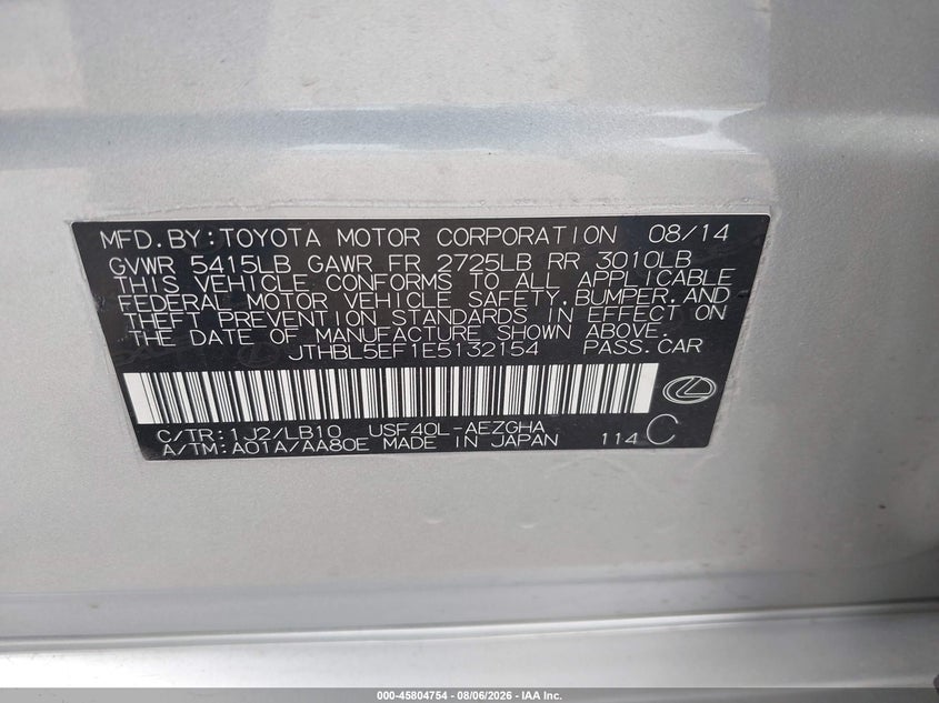 LEXUS LS 460 2014 VIN JTHBL5EF1E5132154