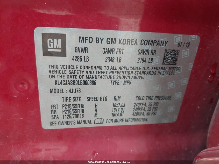 BUICK ENCORE 2020 VIN KL4CJASB9LB000886