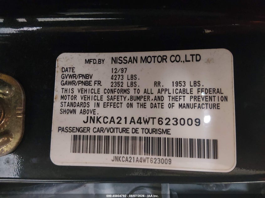 INFINITI I30 1998 VIN JNKCA21A4WT623009