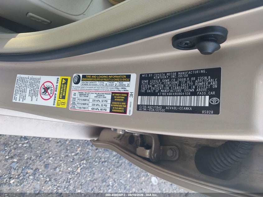 TOYOTA CAMRY 2009 VIN 4T1BE46K49U864108