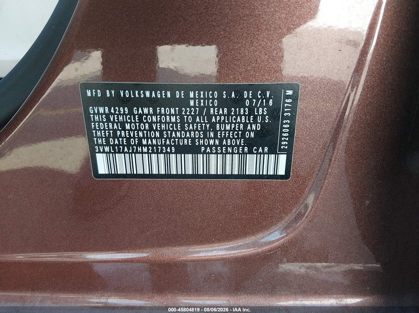 2017 VOLKSWAGEN JETTA SEDAN 1.8L I-4 DI, DOHC, VVT, TURBO, 170HP