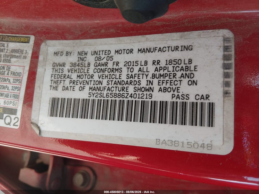 PONTIAC VIBE 2006 VIN 5Y2SL65886Z401219