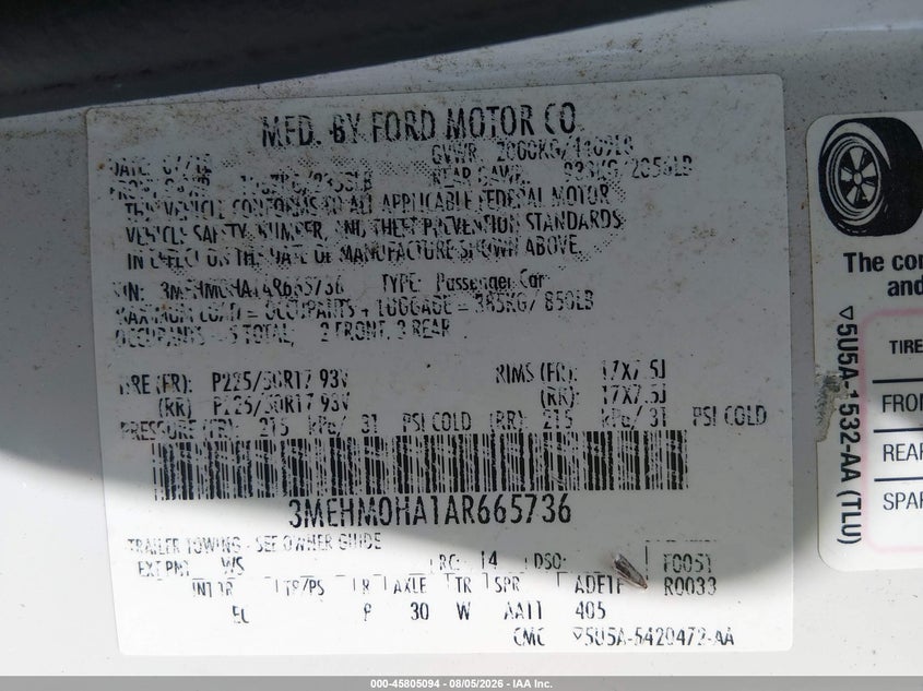 MERCURY MILAN 2010 VIN 3MEHM0HA1AR665736
