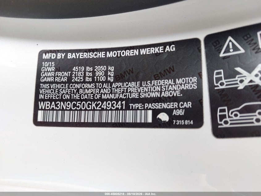 BMW 428I 2016 VIN WBA3N9C50GK249341
