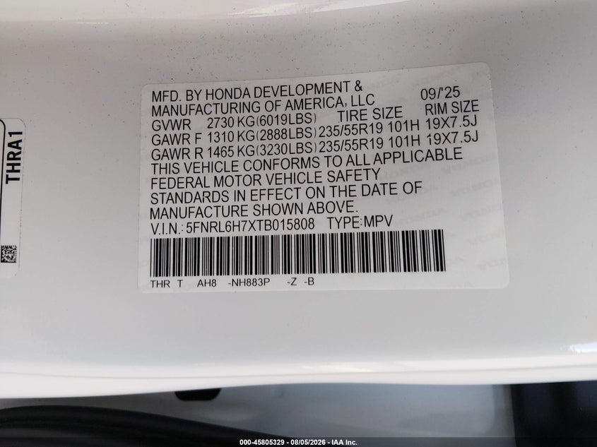 HONDA ODYSSEY 2026 VIN 5FNRL6H7XTB015808
