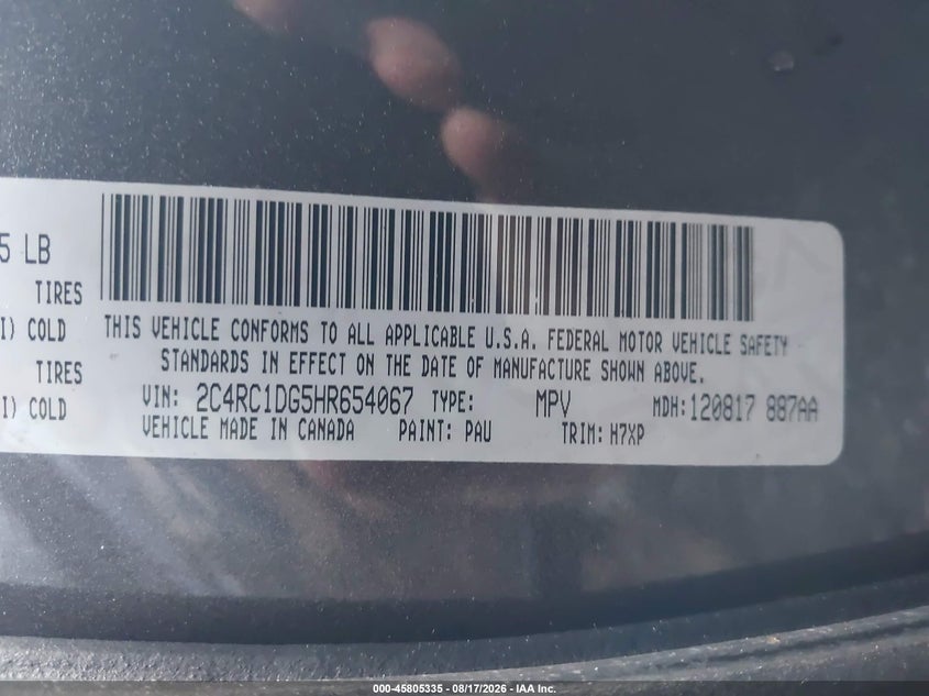 CHRYSLER PACIFICA 2017 VIN 2C4RC1DG5HR654067