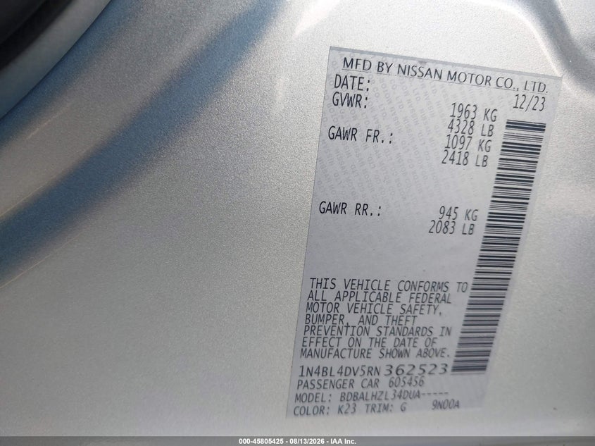NISSAN ALTIMA 2024 VIN 1N4BL4DV5RN362523