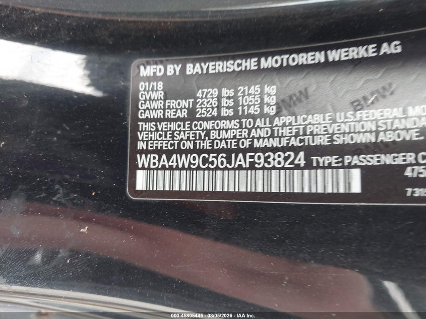 BMW 440I 2018 VIN WBA4W9C56JAF93824
