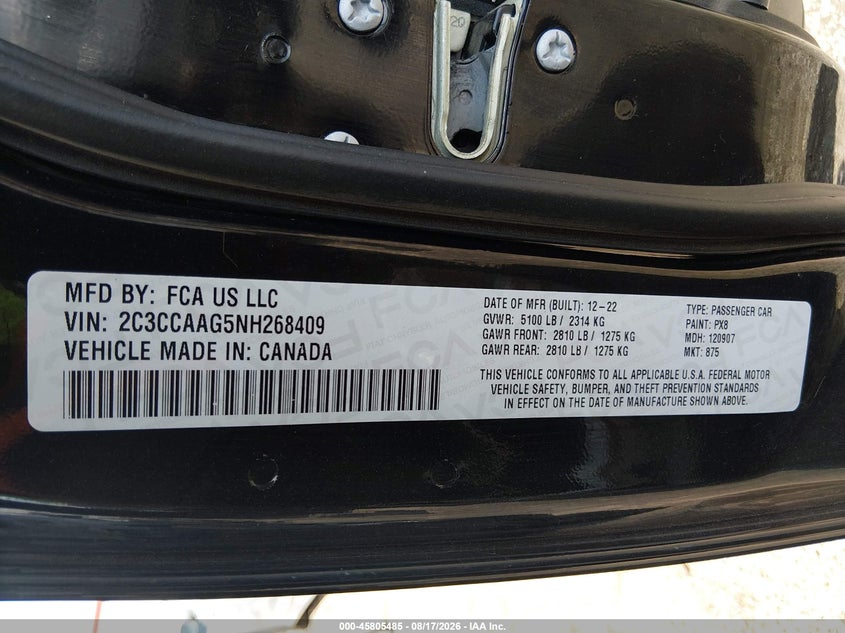 CHRYSLER 300 2022 VIN 2C3CCAAG5NH268409