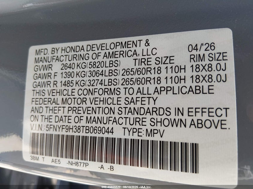 HONDA PASSPORT 2026 VIN 5FNYF9H38TB069044