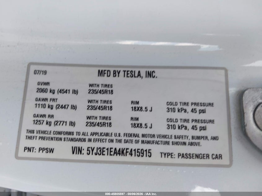 2019 TESLA MODEL 3 SEDAN ELECTRIC