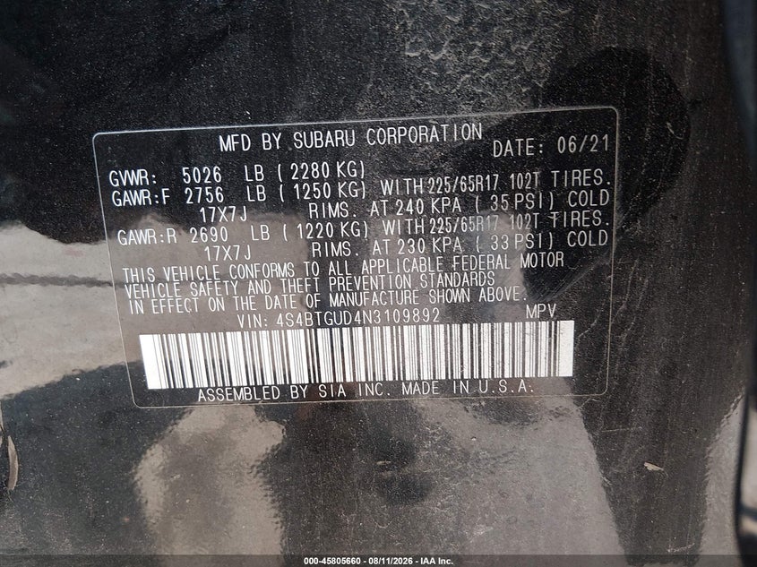 SUBARU OUTBACK 2022 VIN 4S4BTGUD4N3109892
