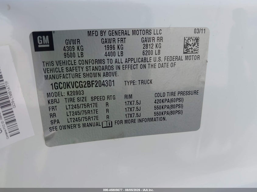 2011 CHEVROLET SILVERADO TRUCK 6.0L V-8 VVT, 360HP