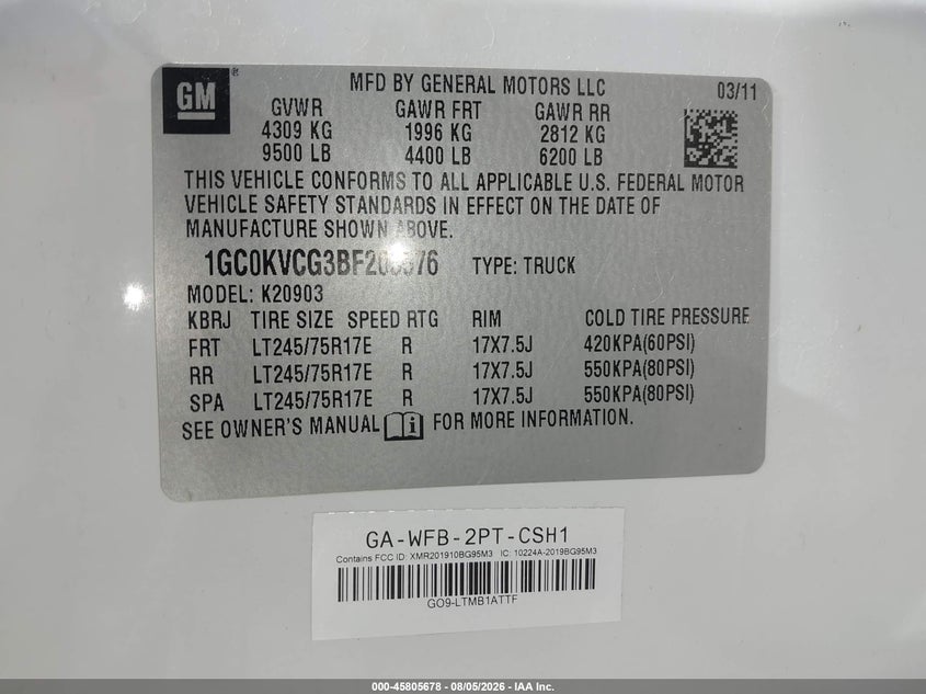 2011 CHEVROLET SILVERADO TRUCK 6.0L V-8 VVT, 360HP