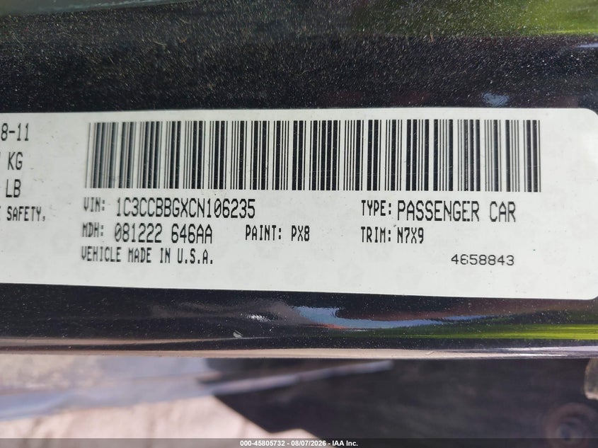 2012 CHRYSLER 200 SEDAN 3.6L V-6 DOHC, VVT, 283HP