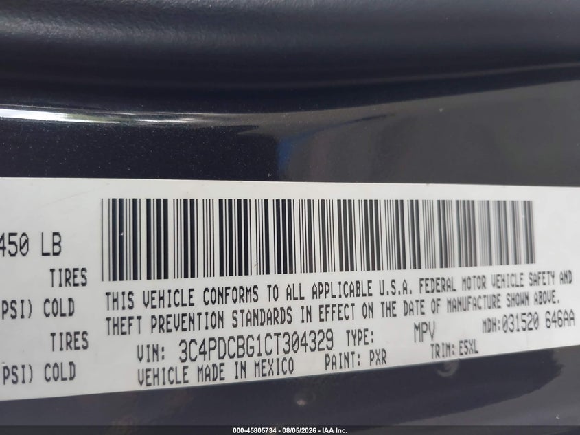 DODGE JOURNEY 2012 VIN 3C4PDCBG1CT304329