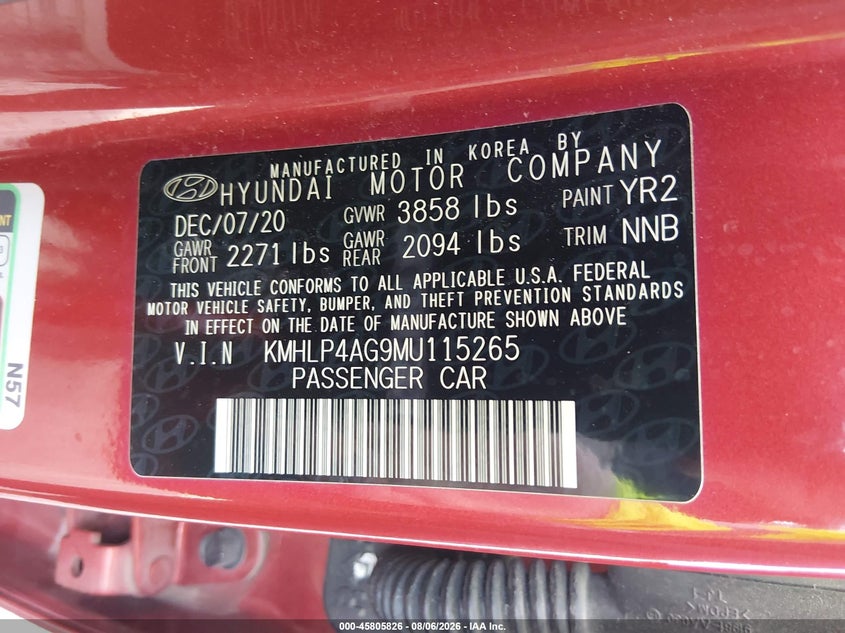 HYUNDAI ELANTRA 2021 VIN KMHLP4AG9MU115265