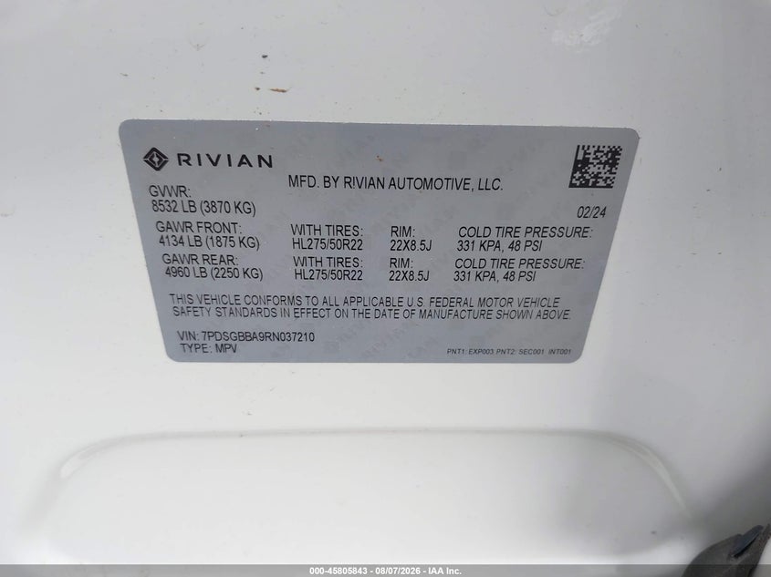 RIVIAN R1S 2024 VIN 7PDSGBBA9RN037210