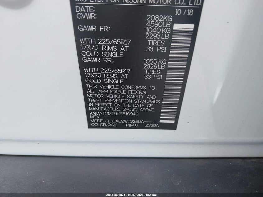 NISSAN ROGUE 2019 VIN KNMAT2MT9KP510949