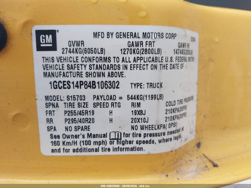 CHEVROLET SSR 2004 VIN 1GCES14P84B106302
