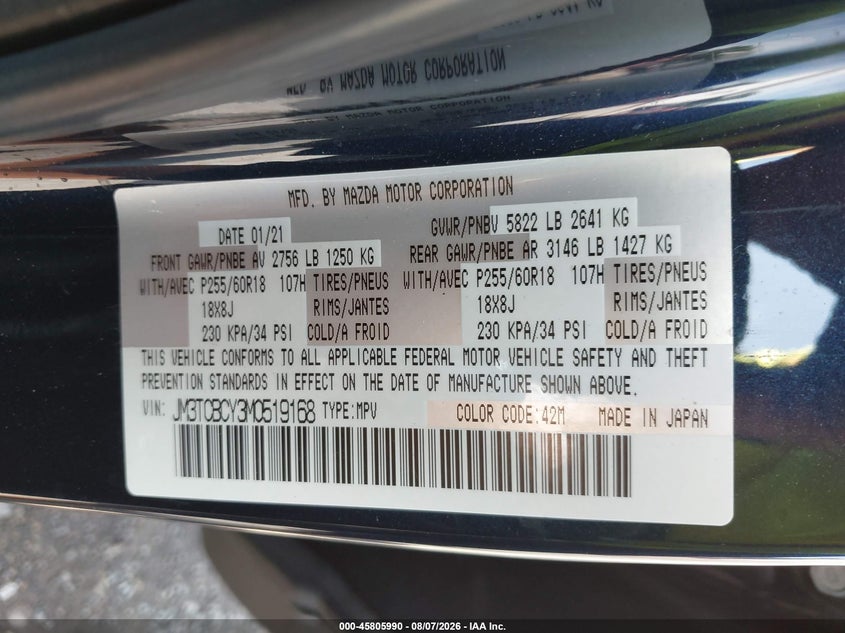 2021 MAZDA CX-9 SPORT UTILITY VEHICLE 2.5L I-4 DI, DOHC, VVT, TURBO, 227HP