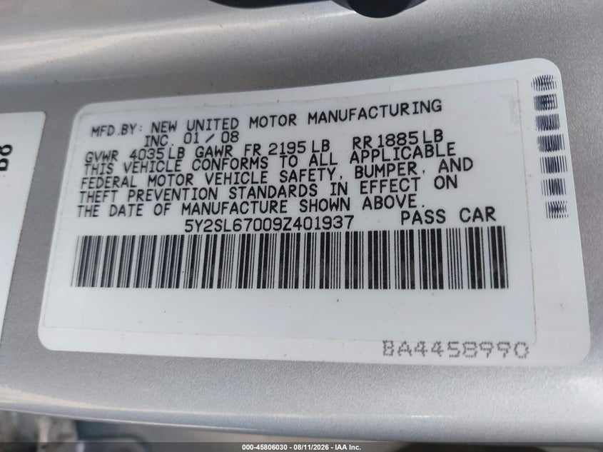 PONTIAC VIBE 2009 VIN 5Y2SL67009Z401937