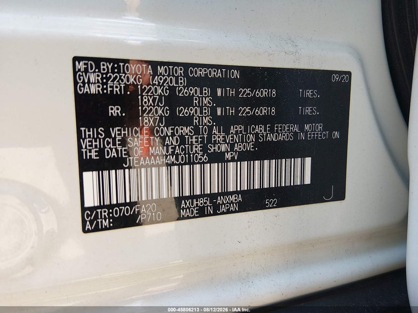 2021 TOYOTA VENZA SPORT UTILITY VEHICLE 2.5L I-4 DI, DOHC, VVT, 176HP