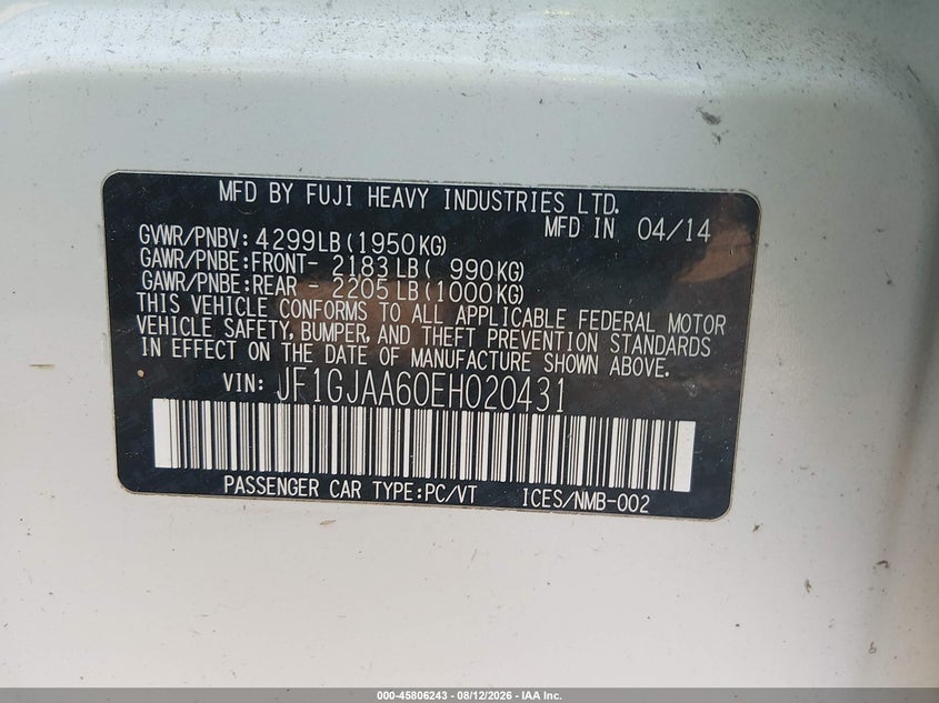 2014 SUBARU IMPREZA SEDAN 2.0L H-4 DOHC, VVT, 148HP