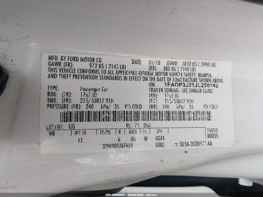 2018 FORD FOCUS SEDAN 2.0L I-4 DI, DOHC, VVT, 160HP
