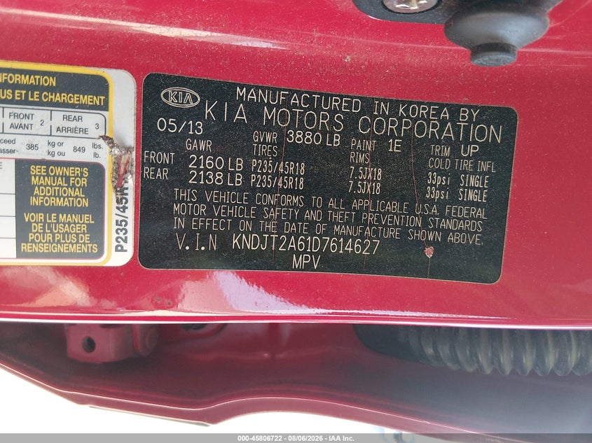 KIA SOUL 2013 VIN KNDJT2A61D7614627