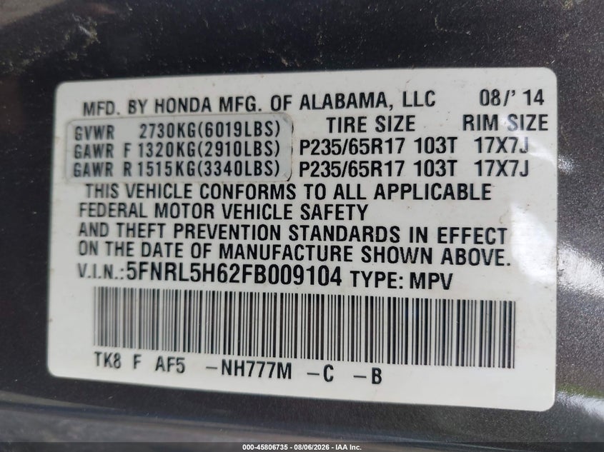 HONDA ODYSSEY 2015 VIN 5FNRL5H62FB009104