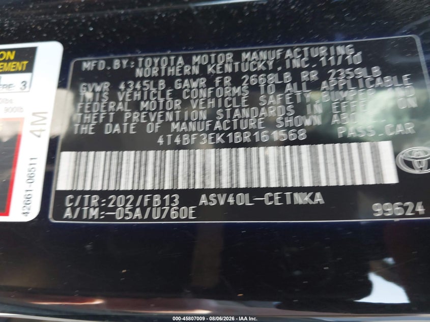 2011 TOYOTA CAMRY SEDAN 2.5L I-4 DOHC, VVT, 169HP
