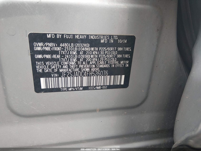 2015 SUBARU FORESTER SPORT UTILITY VEHICLE 2.5L H-4 DOHC, VVT, 170HP