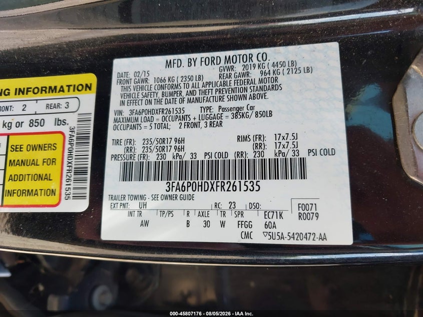 2015 FORD FUSION SEDAN 1.5L I4 FI DOHC 16V NF4