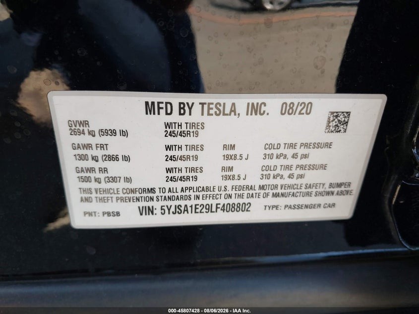 TESLA MODEL S 2020 VIN 5YJSA1E29LF408802