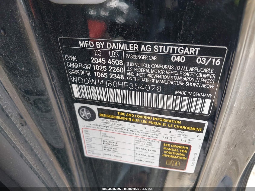 MERCEDES-BENZ C 300 2017 VIN WDDWJ4JB0HF354078