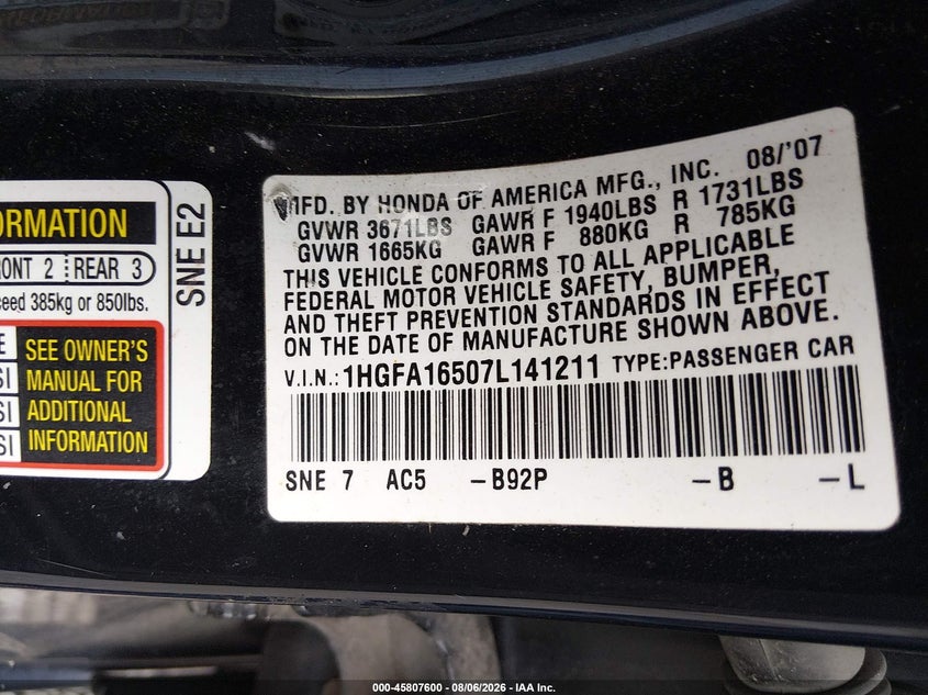 HONDA CIVIC 2007 VIN 1HGFA16507L141211