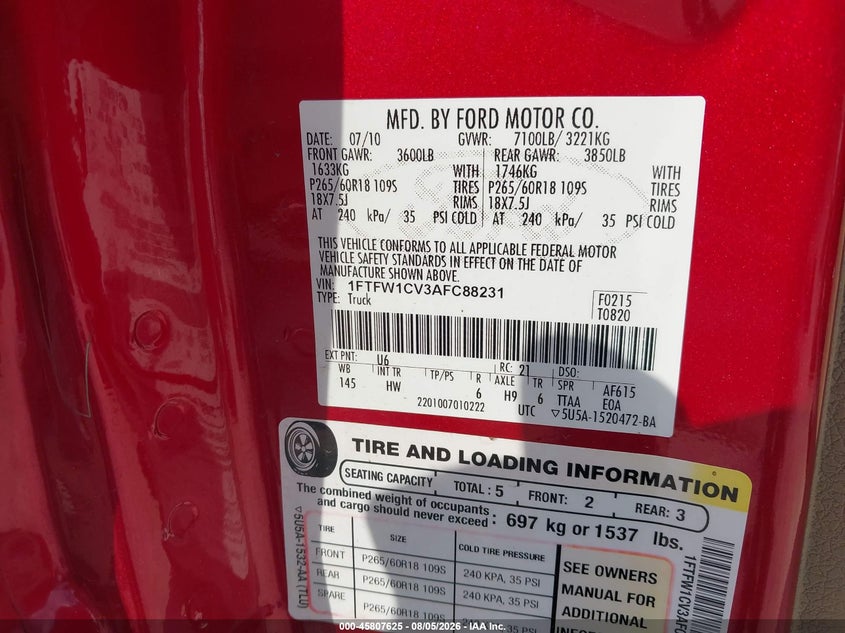 2010 FORD F-150 PICKUP 5.4L V-8 VVT, 310HP