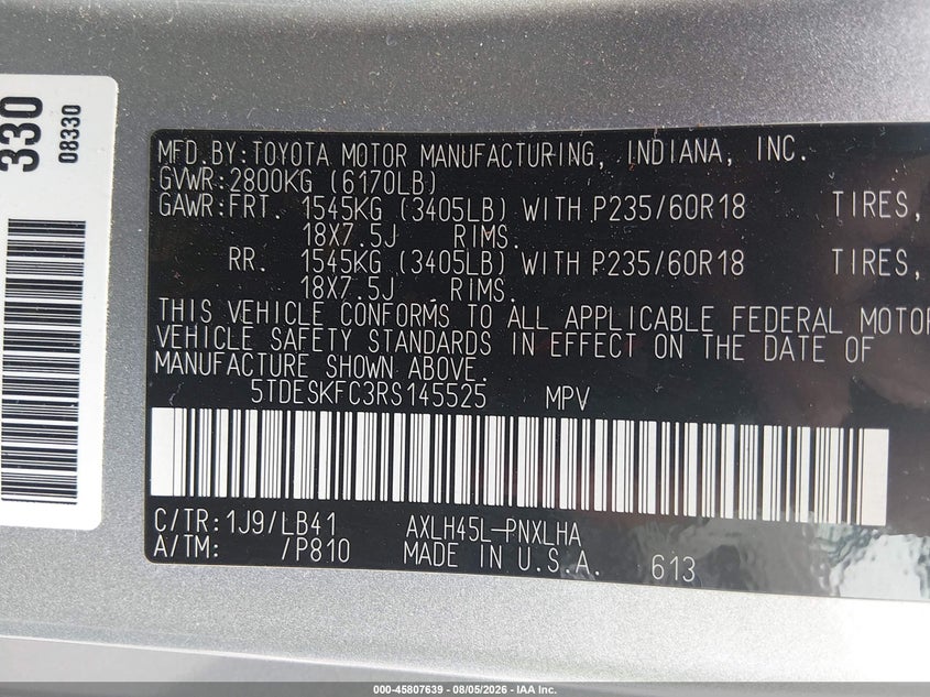 2024 TOYOTA SIENNA VAN 2.5L I-4 DI, DOHC, VVT, 189HP