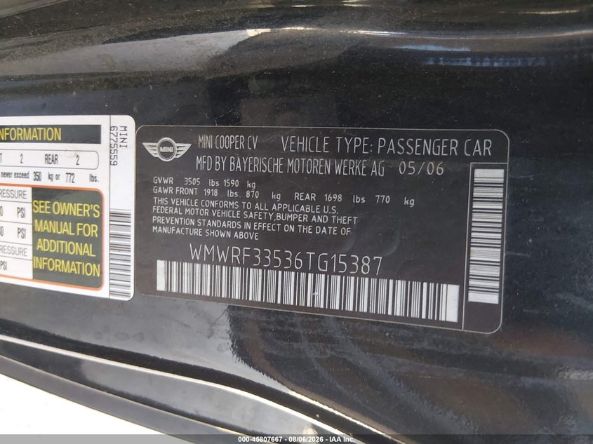 MINI COOPER 2006 VIN WMWRF33536TG15387