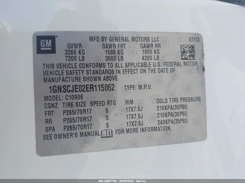 CHEVROLET SUBURBAN 2014 VIN 1GNSCJE02ER115062