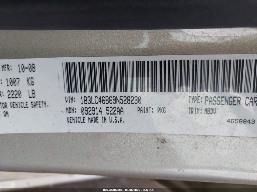 DODGE AVENGER 2009 VIN 1B3LC46B69N528230