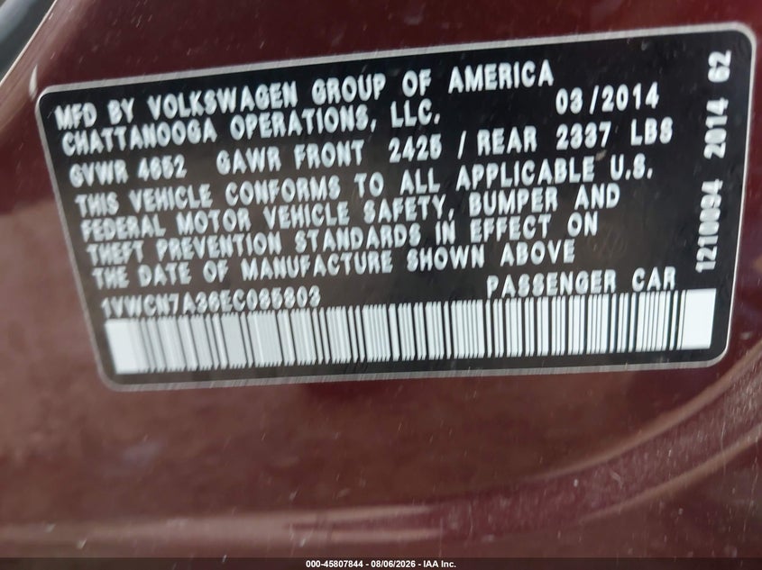 2014 VOLKSWAGEN PASSAT SEDAN 2.0L I-4 DI, DOHC, TURBO, 140HP