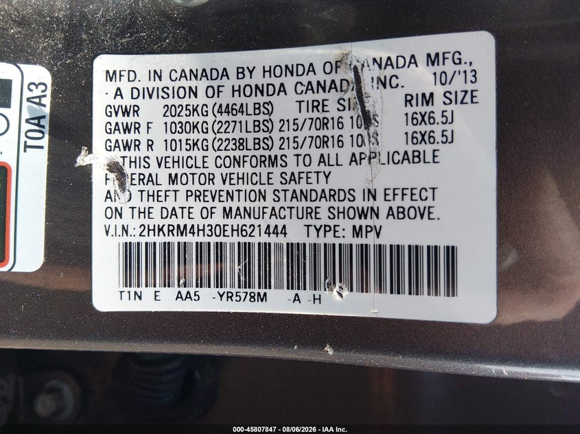 HONDA CR-V 2014 VIN 2HKRM4H30EH621444