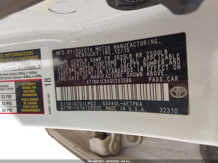 2016 TOYOTA AVALON SEDAN 3.5L V-6 DOHC, VVT, 268HP