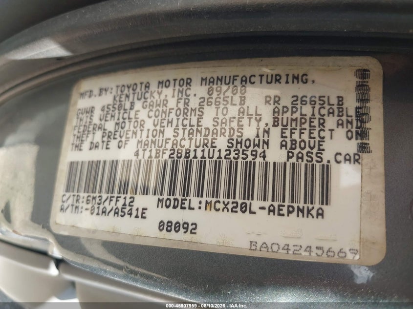 2001 TOYOTA AVALON SEDAN 3.0L V-6 DOHC, VVT, 210HP